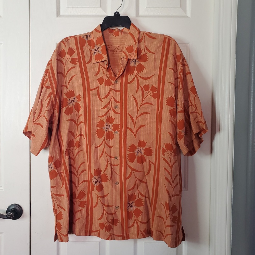 Tommy Bahama Shirt 100% Tencel Floral Hawaiian Orange Short Sleeve Vacation XXL